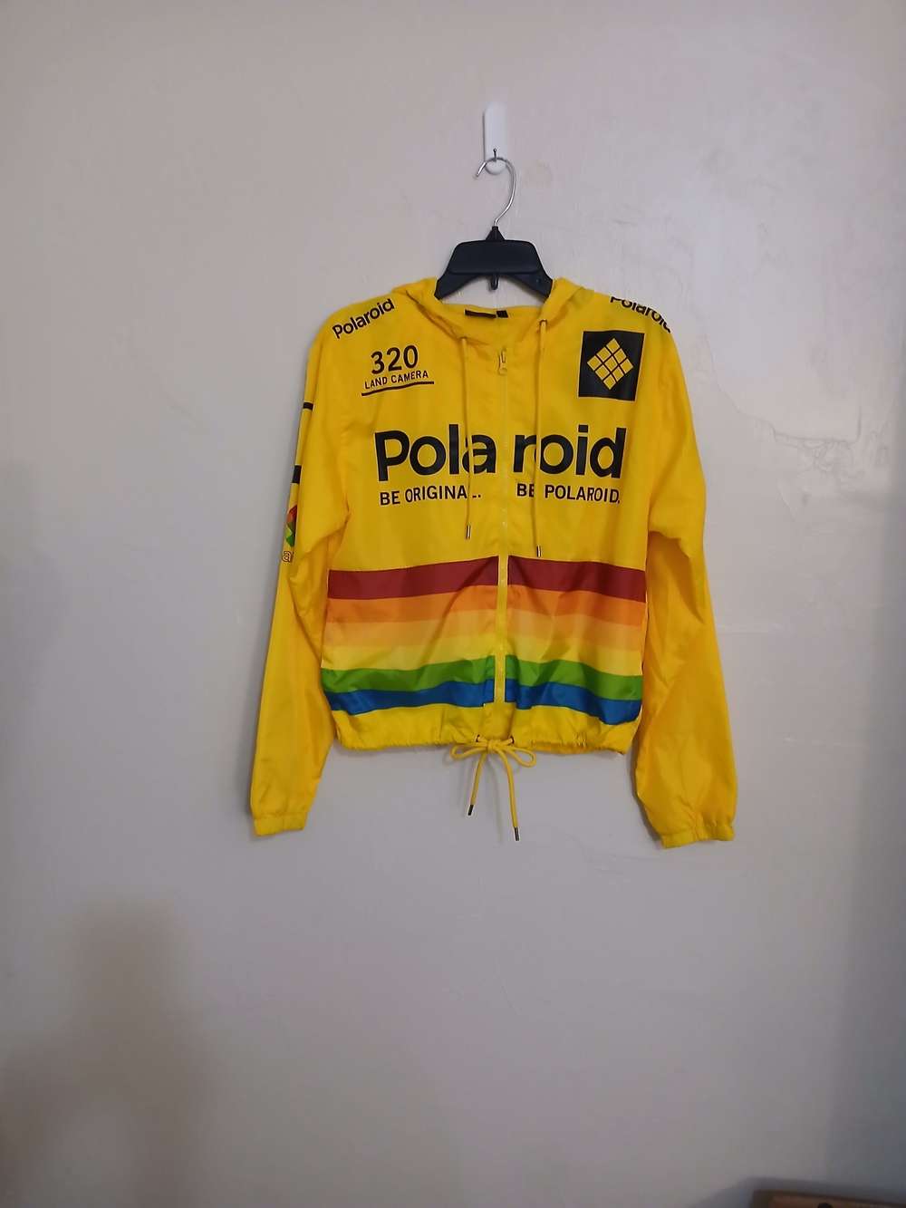 Polaroid "Be Original" Yellow Unisex Hooded Windbreaker with Rainbow Stripes M
